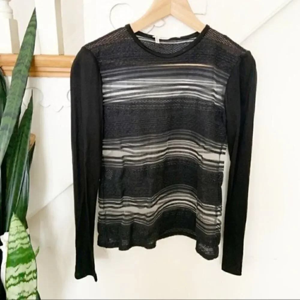 Derek Lam sheer striped black blouse long sleeves
